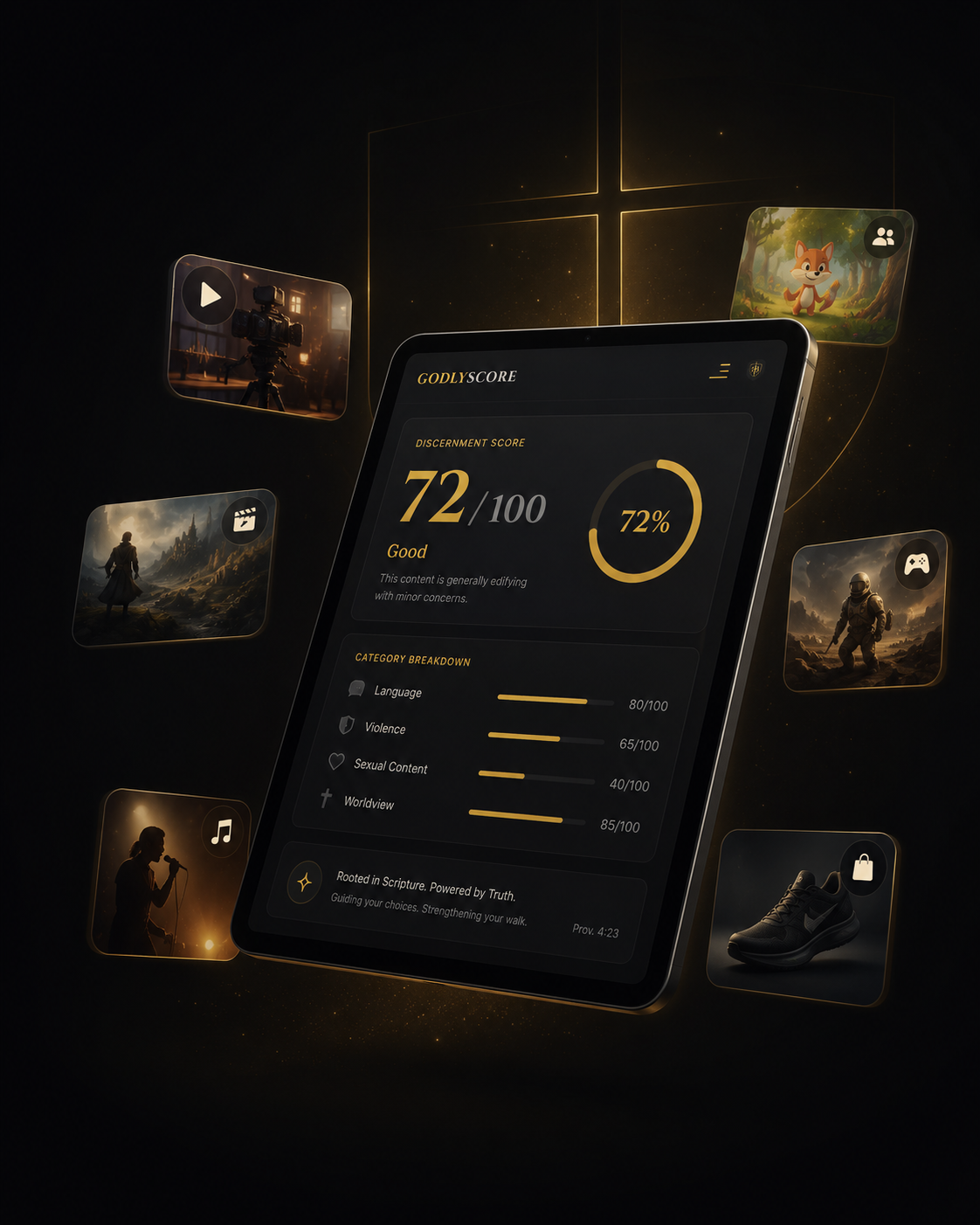 GodlyScore biblical discernment app showing a 72/100 score with category breakdowns for Language, Violence, Sexual Content, and Worldview